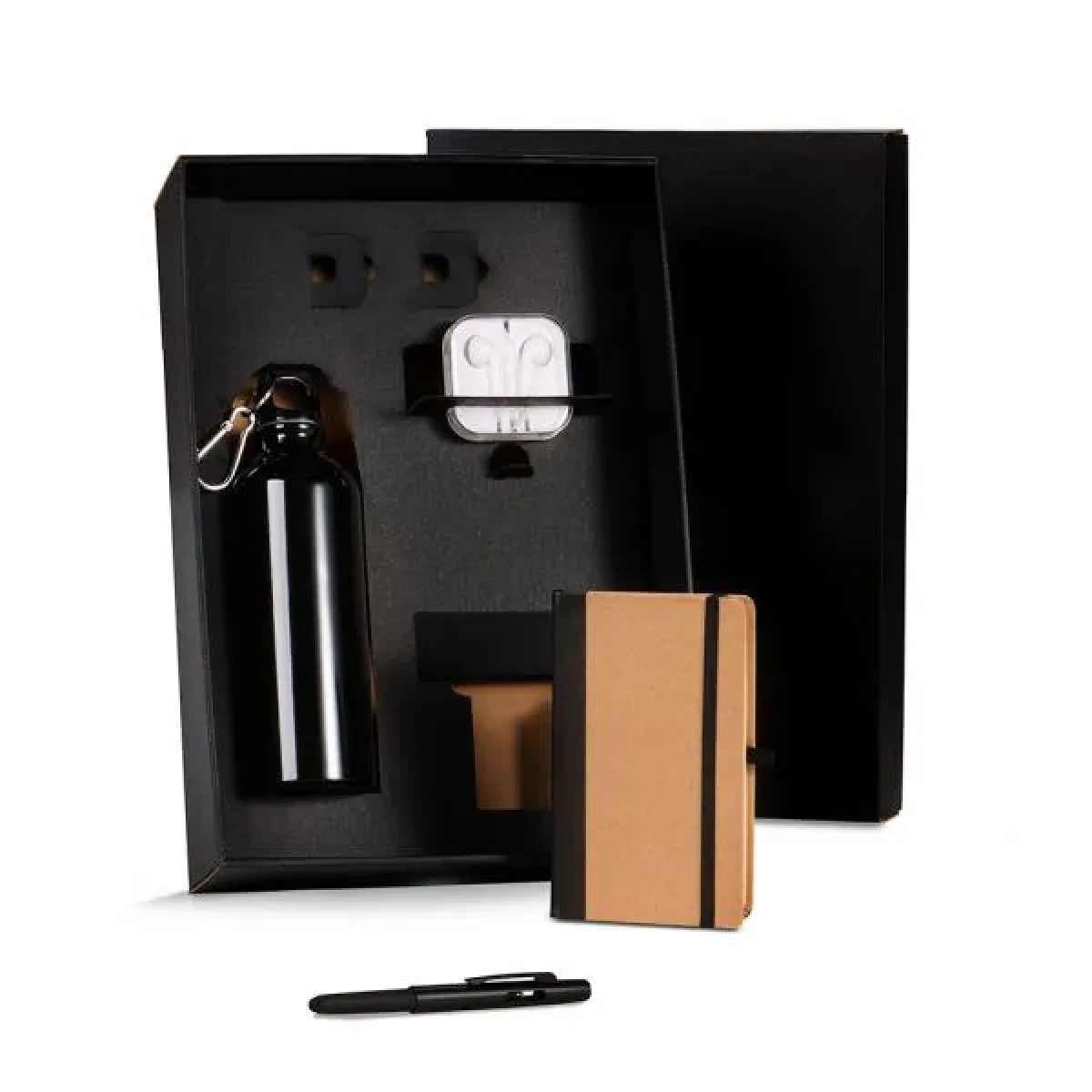Kit executivo com garrafa, fones, caderno e caneta